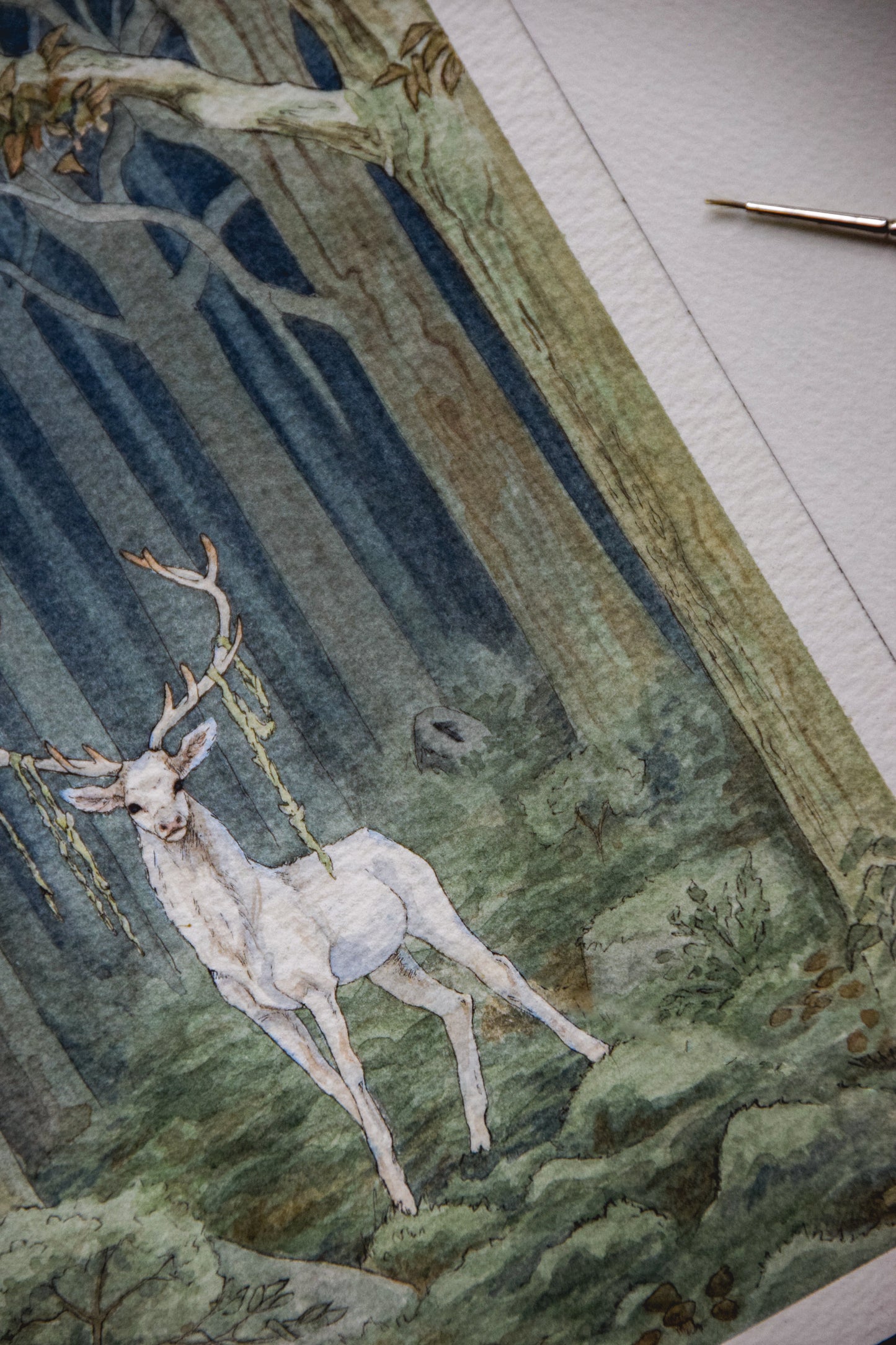 White Stag in the Dark Woods - Giclée Art Print
