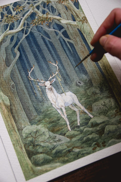 White Stag in the Dark Woods -  Giclée Art Print